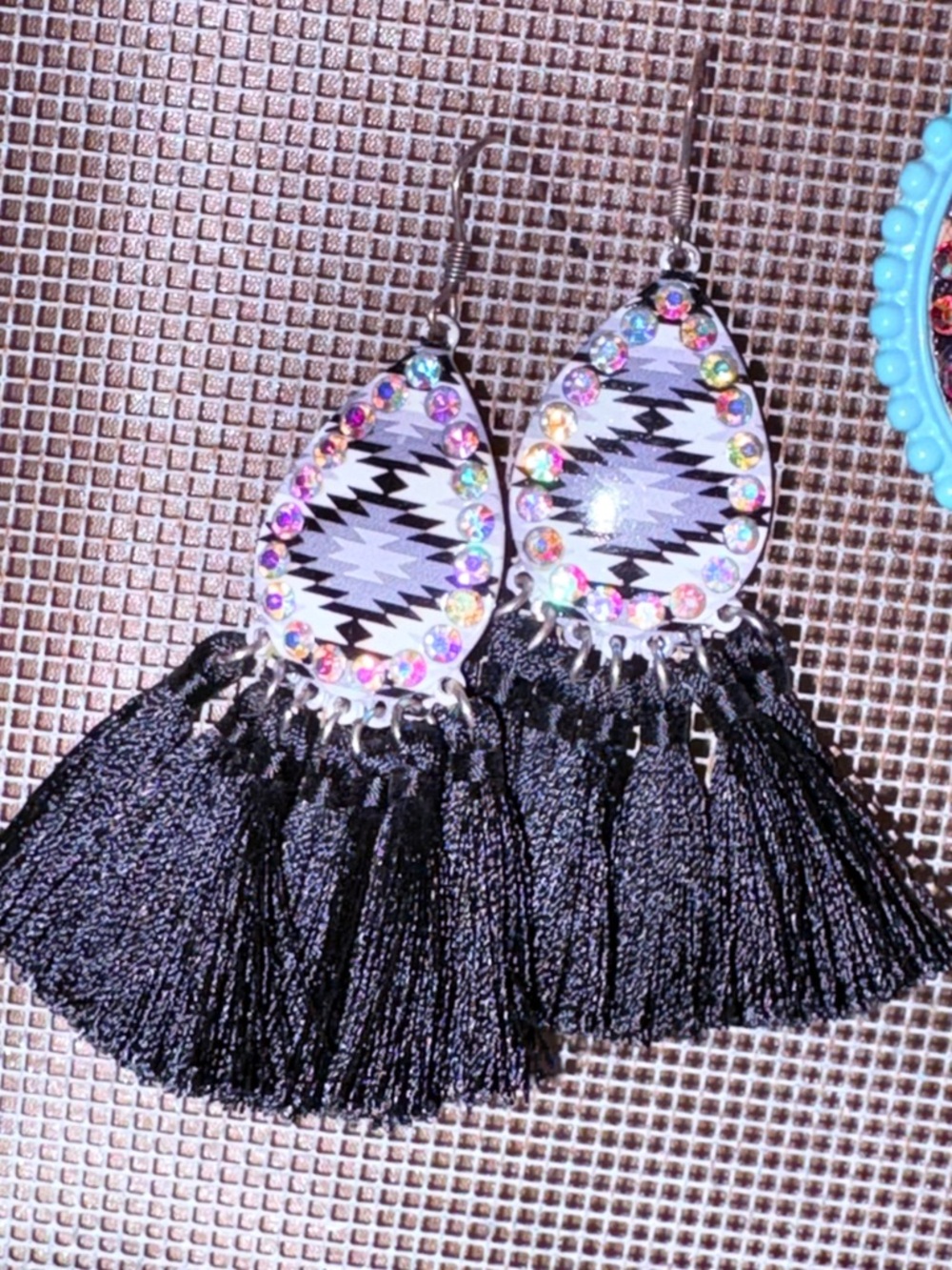 Boho Black Tassel Teardrop Earrings with Aztec Print